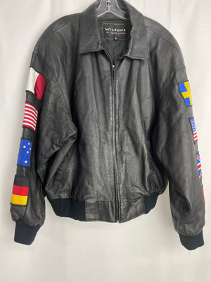 Wilsons Leather USA International Flag Black Leather Bomber Jacket Mens XL