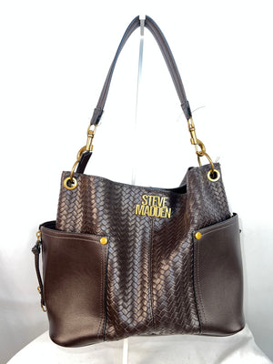 Steve Madden Woven Faux Leather Shoulder Bag Tote Handbag Brown Metallic Bronze