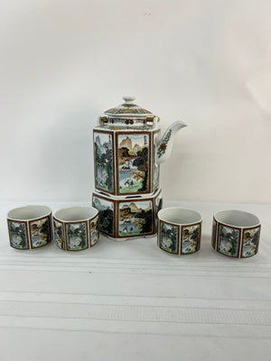 Vintage Seizan Japanese Style Tea Set Teapot 4 Cups with Warming Stand