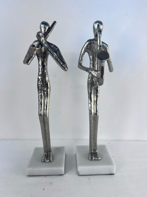 Pair of Sagebrook Home Aluminum Musician Statues Sax & Flute on Marble Base 15"