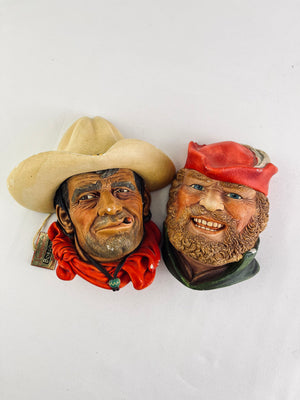 Vintage 1967 Bossons Chalkware Heads England Rawhide Cowboy & Little John
