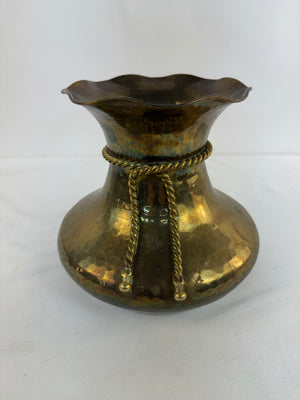 Vintage Hammered Brass Ruffled Vase, Mid-Century India Metal Art Rope Tassel Bow