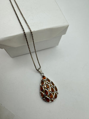 925 Sterling Silver Necklace 6.3g Rope Chain Citrine Teardrop Pendant 18 in.