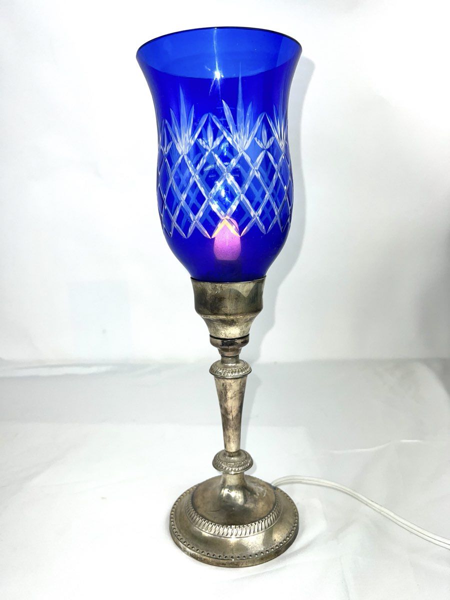 Vintage Silver Plated Lamp with Cobalt Blue Cut to Clear Globe Bohemian Czech