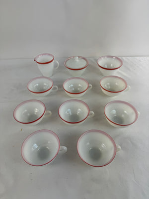 VTG Pyrex Flamingo Pink Band Milk Glass Coffee Tea Cup Creamer Sugar Set 11pc