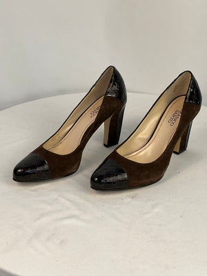 Franco Sarto L-Magic Brown Suede Cap Toe Chunky Pumps Croc Patent Women's 9M