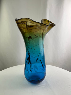 Murano Style Glass Vase Fluted Rim 16" Blue Amber Fade with Black Swirls
