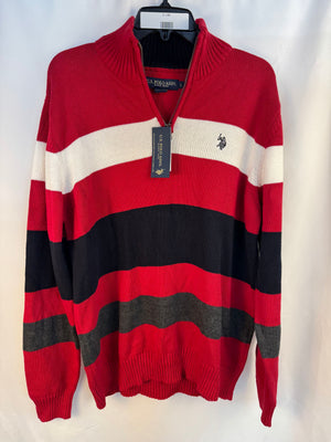 NWT U.S. Polo Assn. Men’s Large 1/4 Zip Cotton Sweater Striped Red White Black