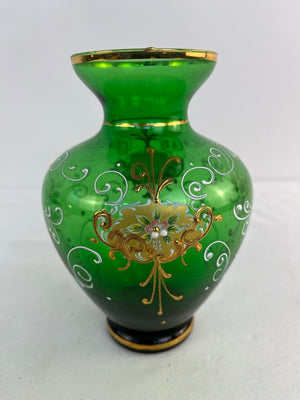 Vtg Murano Italy Emerald Green Glass Vase Hand Painted Floral Gold Gilt 6.75"