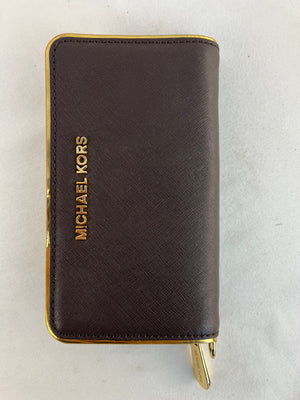 Michael Kors Jet Set Medium Zip Around Wallet Dark Brown Saffiano Gold Tone
