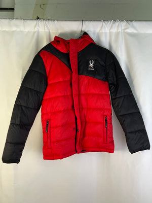 Spyder Boys Circuit Puffer Jacket Red Black Hooded Water Resist Size L 14/16 NWT