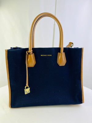 Michael Kors Mercer Navy Tan Large Canvas Convertible Tote Crossbody Handbag