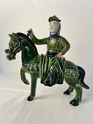 Vintage Antique Chinese Tang San Cai Porcelain Horse Riding Figure Green Blue