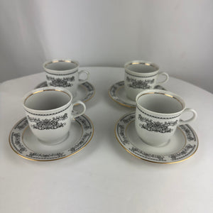 Vintage Henneberg Porzelan 1777 Teacups White Black Floral Set of 4