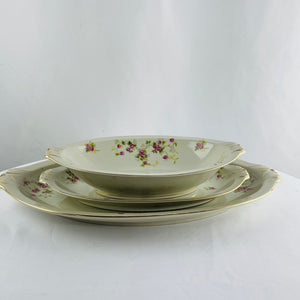 JAP4 Made in Occupied Japan Pink Rose Gold Trimmed Serving Pieces Set 3 Vintage