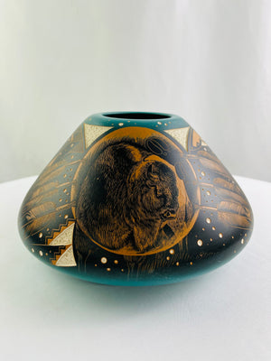 Native Reflections by Harrison Juan 1995 Teal Ram Navajo Pottery Hand Carved