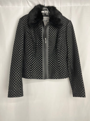 Marvin Richards Black Woven Leather/Suede Jacket w/ Rabbit Fur Collar Women M