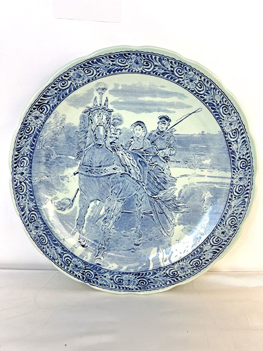 Vintage Royal Sphinx by Boch Delft Blue Holland Large Wall Plate, Sleigh in Snow
