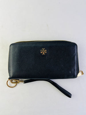 Tory Burch Black Pebbled Leather Large Zip Around Wristlet Wallet
