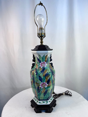Vintage Chinoiserie Tobacco Leaf Porcelain Table Lamp Hexagonal MCM Chinese