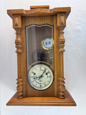 Vintage R A Chiming Wall Pendulum Clock Oak Finish w/ Key AS IS PARTS OR REPAIR