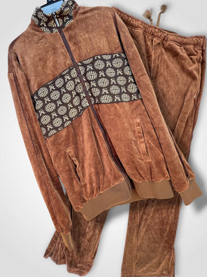 Stacy Adams Mens Tracksuit Set XL Brown Velour Jacket Pants NWT Geometric Trim