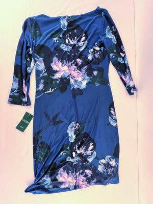 Lauren Ralph Lauren Blue Floral Ruched Sheath Dress NWT Size 16 Cocktail Work