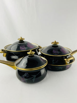 Vintage Mikasa Grande Chef Tango Japan Black Purple Floral 8 Piece Cookware Set