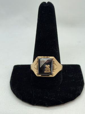 10K Yellow Gold Onyx and Diamond 'A' Ring 5.6g Vintage Size 12.25