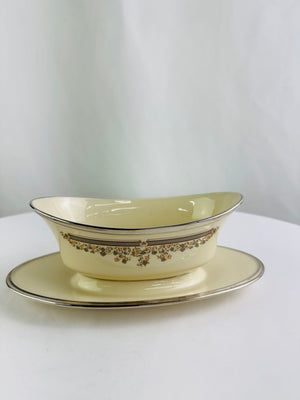 Lenox Lace Point Floral Bone China Gravy Boat with Attached Underplate Vintage