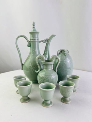 Vintage Celadon Green Glazed 8pc Tea Coffee Sake Serving Set Asian Inspired