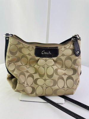 Coach Signature Ashley Sateen Pleated Swingpack Crossbody Bag Khaki Brown