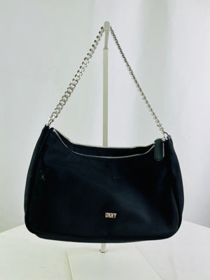 DKNY Black Nylon Shoulder Bag Silver Chain Strap | 02868 Vintage