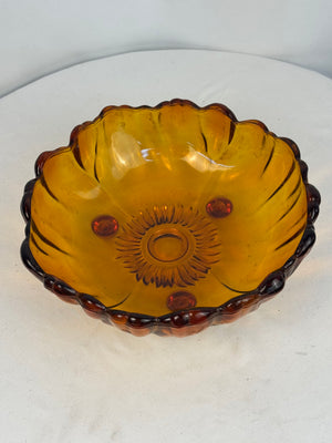 VTG Indiana Glass Amber Footed Console Bowl 11" Scalloped Sunflower Sunburst MCM