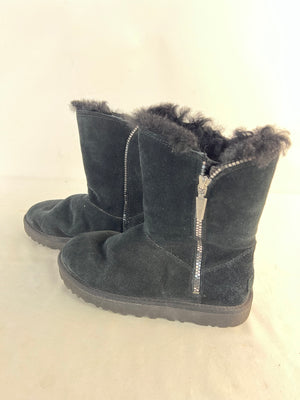 UGG Classic Short Side Zip Black Suede Shearling Boots 1019633 Women Size 7