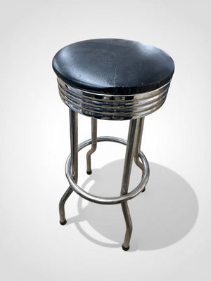 Vintage Retro Diner Swivel Bar Stool Chrome Ribbed Black Vinyl 30" Barstool