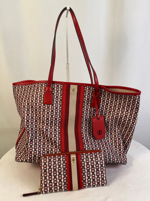 Tory Burch Gemini Link Tote and Wallet Set Coated Canvas Red Burgundy Stripe