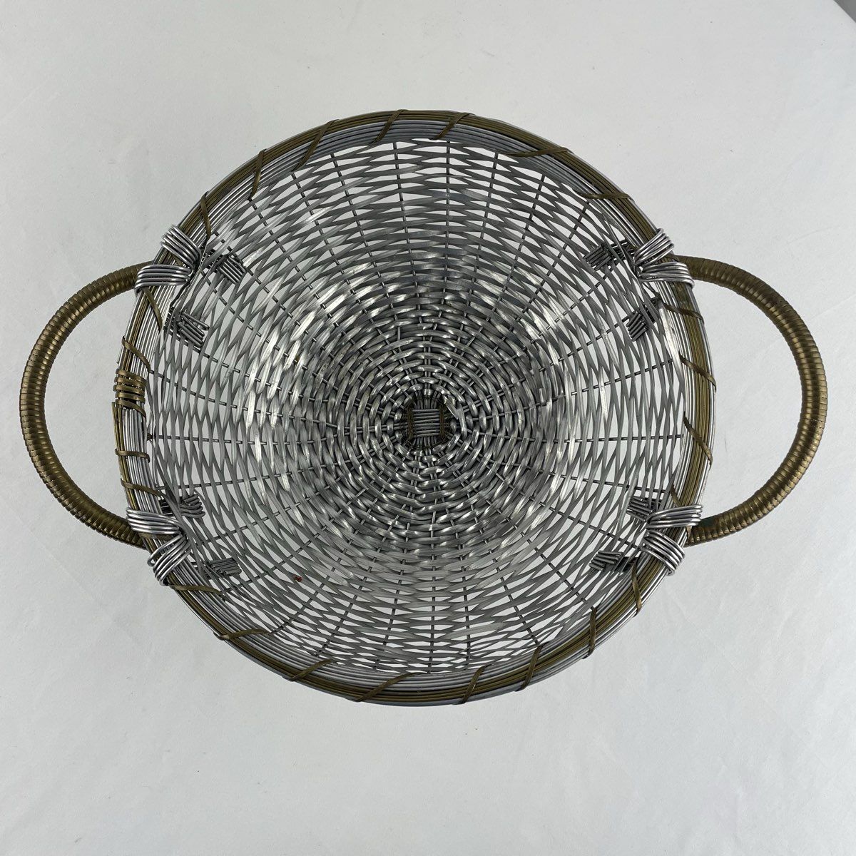 Handmade Round Metal Woven Basket Silver & Gold with Handles 13"x10"