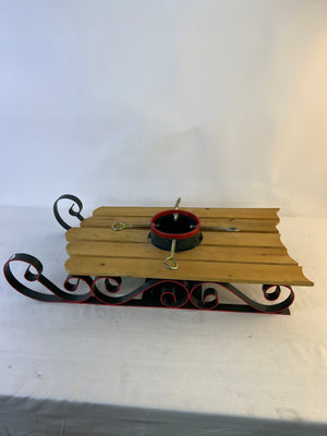 Vintage Wood Metal Sled Christmas Tree Holder Stand Red Green Sleigh 30" x 17"