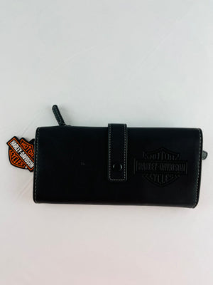 Harley Davidson Black Faux Leather Travel Tech Tri Fold Organizer Wallet Clutch