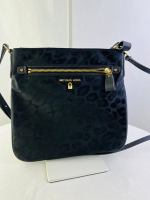 Michael Kors Kelsey Large Leopard Print Black Nylon Crossbody Bag