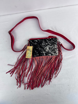 Holy Cow Courture Cowhide Fringe Crossbody Bag Western Black White w/ Red Fringe