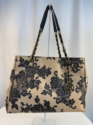 Michael Kors Large Shoulder Tote Handbag Purse Oyster Cream Black Floral Lace