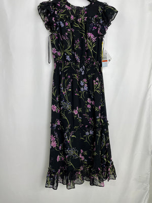 CeCe V-Neck Pull On Vibrant Blooms Midi Dress Rich Black Women's Size XS NWT