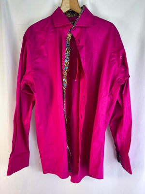 Axxess Men's Dress Shirt 2XL Fuchsia Pink Pure Cotton High Collar Paisley Trim
