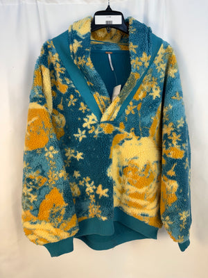 Free People Rosie Printed Sherpa Jacket XS Aqua Blue Oversized Pullover NWT