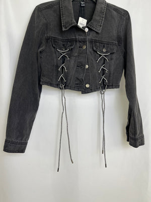 Windsor Black Denim Crop Jacket Outshine Rhinestone Lace Up Bling Women S NWT