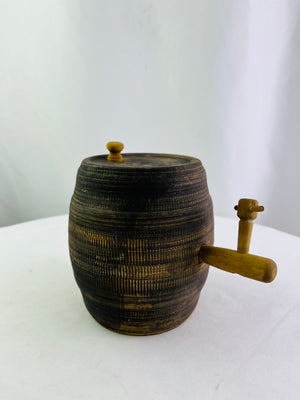 USA Stoneware Ceramic Whiskey Barrel Beer Keg Crock Wooden Spigot 6.5" Vintage