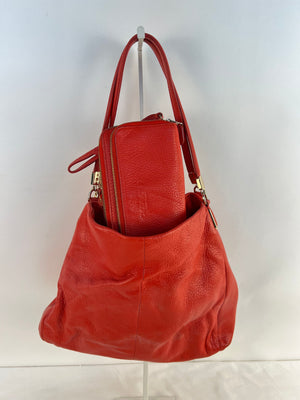 Coach Phoebe Shoulder Bag Pebble Leather Orange Coral Tote Purse Wristlet Set