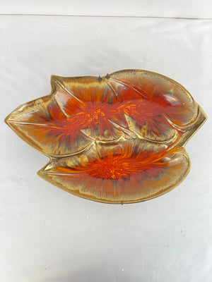 California Pottery Cal Style USA Gold Orange Glaze Divided Ceramic Leaf Dish